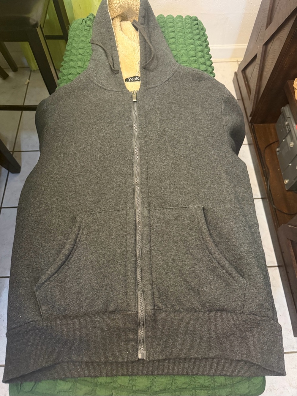 Men's Charcoal Sherpa-Lined Hooded Zip Puffer Jacket